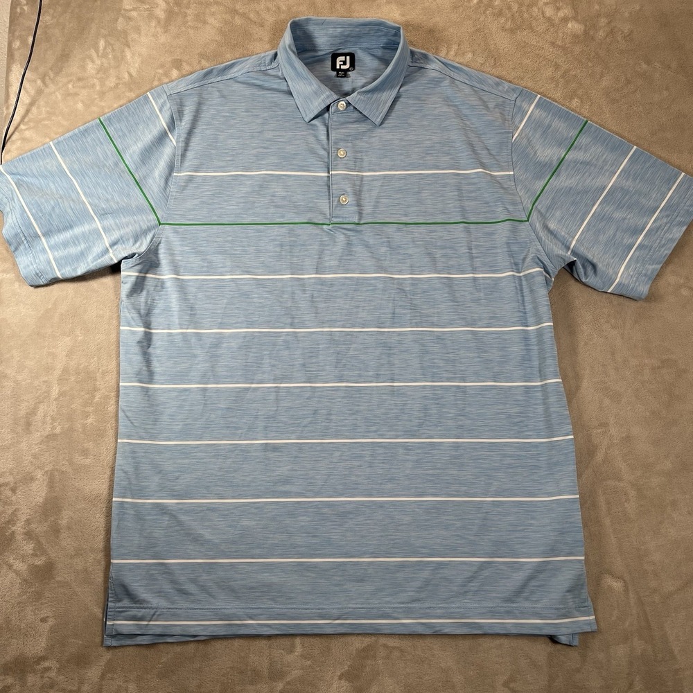Footjoy FJ Polo Mens 2XL Blue Stripe Logo Short Sleeve Performance Golf
